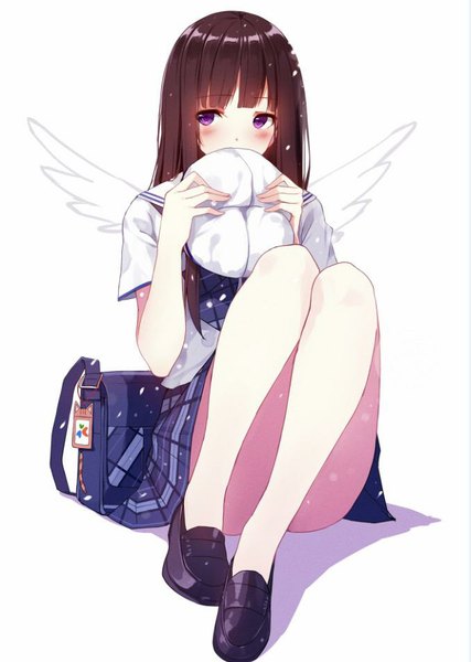 Anime picture 678x953 with caidychen single long hair tall image blush fringe light erotic black hair simple background white background sitting purple eyes looking away bent knee (knees) shadow plaid skirt pale skin angel wings covered mouth white wings