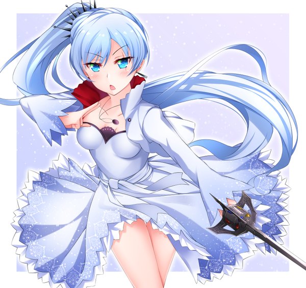 Anime picture 800x752 with rwby rooster teeth weiss schnee helther single long hair looking at viewer blush open mouth blue eyes blue hair side ponytail girl dress weapon sword pendant