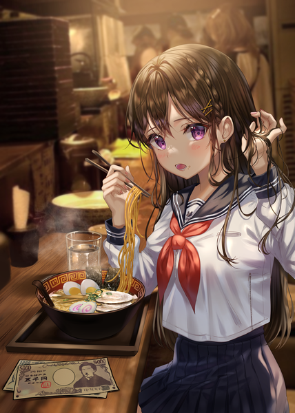 Anime picture 3564x5000 with original aina 156cm single long hair tall image looking at viewer blush fringe highres open mouth hair between eyes brown hair sitting purple eyes holding absurdres indoors braid (braids) long sleeves nail polish