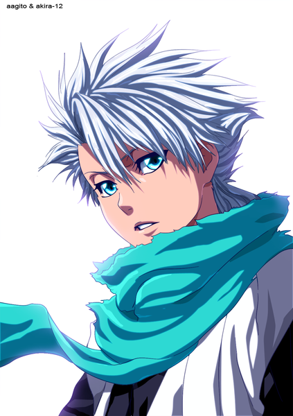 Anime picture 900x1277 with bleach studio pierrot hitsugaya toushirou aagito single tall image short hair blue eyes simple background white background white hair traditional clothes japanese clothes coloring boy kimono scarf