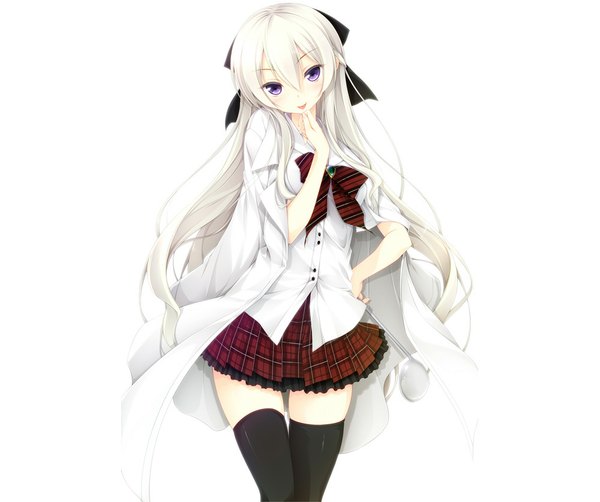 Anime picture 1000x838 with original luna lia single long hair looking at viewer simple background white background purple eyes white hair :p girl thighhighs skirt black thighhighs miniskirt shirt