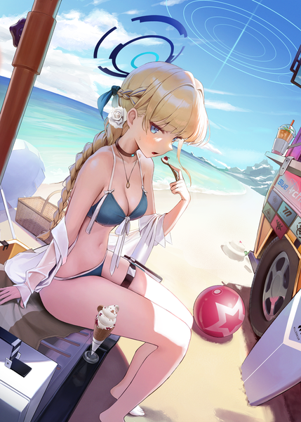 Anime picture 3500x4898 with blue archive toki (blue archive) yarn (yarn 03) single long hair tall image looking at viewer blush fringe highres breasts open mouth light erotic blonde hair sitting blue hair absurdres sky cloud (clouds) braid (braids)