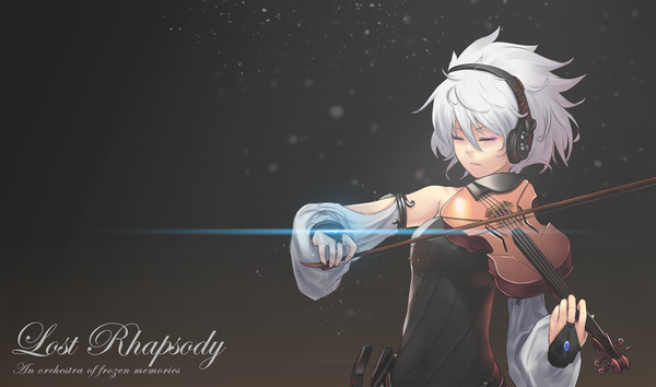 Anime picture 2000x1179 with original triximity single highres short hair wide image white hair eyes closed dark background playing instrument girl dress detached sleeves headphones black dress musical instrument bridal gauntlets violin bow (instrument)