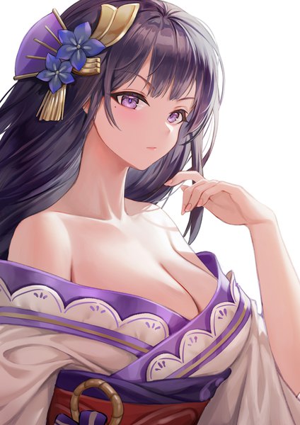Anime picture 2480x3508 with genshin impact raiden shogun picter single long hair tall image looking at viewer fringe highres breasts light erotic simple background large breasts purple eyes bare shoulders cleavage purple hair blunt bangs traditional clothes japanese clothes
