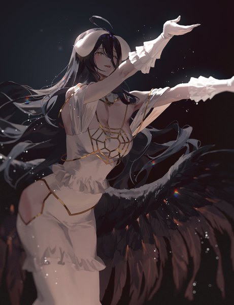 Anime-Bild 2434x3168 mit overlord (maruyama) madhouse albedo (overlord) fajyobore single long hair tall image blush fringe highres breasts open mouth black hair simple background hair between eyes large breasts standing yellow eyes looking away cleavage