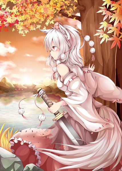 Anime picture 642x900 with touhou inubashiri momiji chikuwa savi single tall image blush fringe short hair hair between eyes red eyes bare shoulders holding animal ears payot looking away sky cloud (clouds) white hair traditional clothes japanese clothes