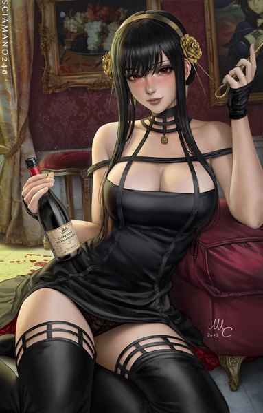 Anime picture 900x1410 with spy x family genshin impact mona megistus yor briar sciamano240 single long hair tall image looking at viewer blush fringe breasts light erotic black hair hair between eyes red eyes large breasts sitting holding signed