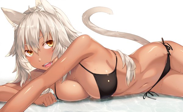 Anime picture 2190x1342 with original kimura (ykimu) single long hair looking at viewer blush fringe highres breasts open mouth light erotic simple background hair between eyes wide image large breasts white background brown eyes animal ears payot silver hair