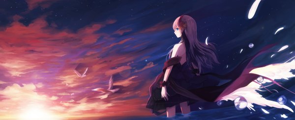 Anime picture 1280x524 with original shadow2810 single long hair blue eyes wide image bare shoulders pink hair sky cloud (clouds) wind sunlight back evening sunset girl dress animal wings water