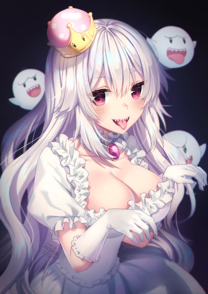 Anime picture 800x1131 with super mario bros. new super mario bros. u deluxe princess king boo boo (mario) rosuuri single long hair tall image looking at viewer blush fringe breasts light erotic simple background hair between eyes standing signed cleavage silver hair upper body