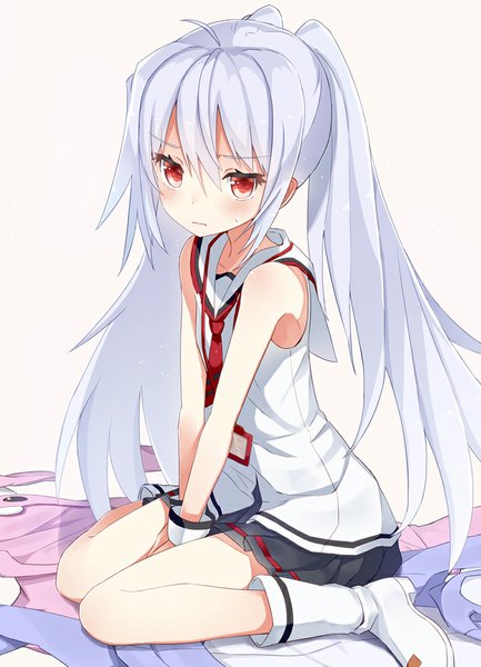 Anime picture 758x1050 with plastic memories isla (plastic memories) shuuichi (gothics) single long hair tall image looking at viewer blush fringe simple background red eyes white background sitting twintails silver hair alternate costume wariza frown girl skirt