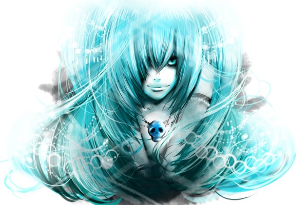 Anime picture 1500x1000 with vocaloid hatsune miku long hair fringe smile aqua eyes hair over one eye aqua hair polychromatic girl pendant skull