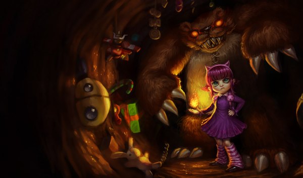 Anime picture 1215x717 with league of legends annie (league of legends) single wide image green eyes yellow eyes pink hair girl toy stuffed animal gift candy flame claws bear cave