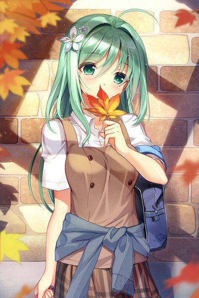 Anime picture 1000x1500 with original yadamon (neverland) single long hair tall image blush fringe hair between eyes green eyes looking away ahoge hair flower green hair covered mouth autumn clothes around waist girl uniform flower (flowers) school uniform