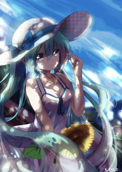 Anime picture 1230x1739 with vocaloid hatsune miku asahi kuroi single tall image looking at viewer blue eyes twintails signed very long hair sunlight aqua hair summer girl dress flower (flowers) hat white dress sundress hat ribbon