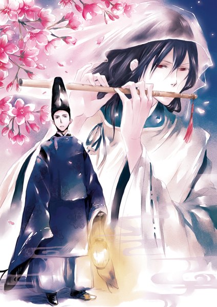 Anime picture 2480x3507 with astro-g long hair tall image highres short hair blue eyes black hair red eyes standing blue hair sky long sleeves traditional clothes night sky smoke music boy flower (flowers) petals headdress