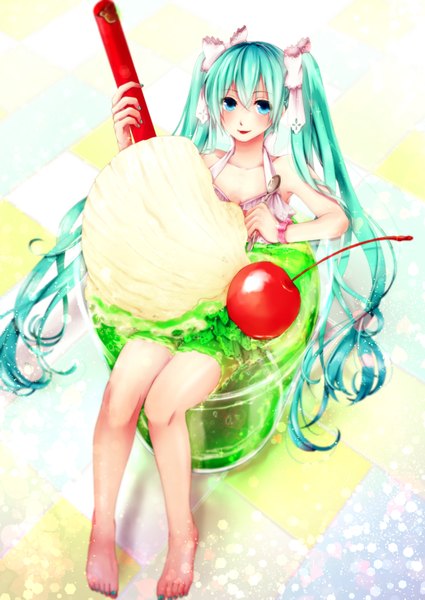 Anime picture 1032x1457 with vocaloid hatsune miku honegumi single tall image looking at viewer blush twintails very long hair barefoot aqua eyes aqua hair bare legs girl bow hair bow food sweets ice cream berry (berries)