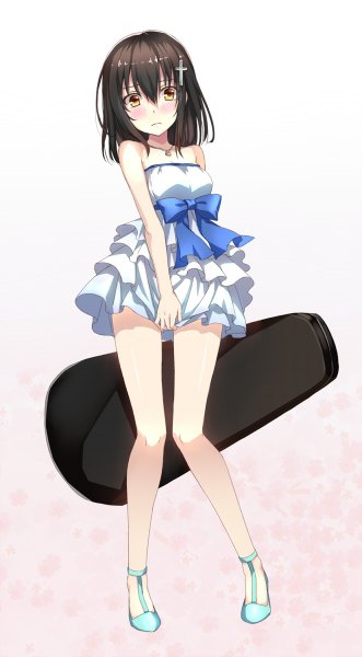 Anime picture 662x1200 with strike the blood himeragi yukina hika (cross-angel) single tall image looking at viewer blush short hair light erotic black hair brown eyes girl dress hair ornament bow