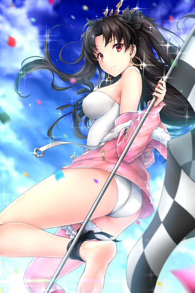 Anime picture 4000x6000 with fate (series) fate/grand order ishtar (fate) ishtar (swimsuit rider) (fate) rei kun single long hair tall image looking at viewer fringe highres breasts light erotic black hair bare shoulders holding absurdres sky cloud (clouds) outdoors