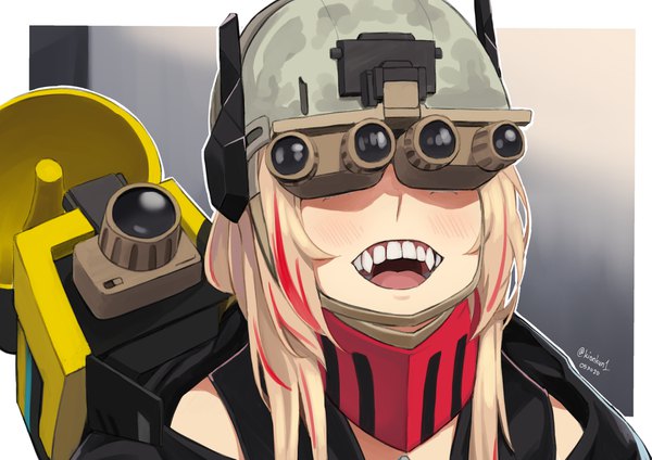 Anime picture 1911x1351 with girls frontline m4 sopmod ii (girls frontline) dinergate (girls frontline) ro635 (dinergate) kion-kun single long hair blush highres open mouth blonde hair signed payot looking away upper body multicolored hair two-tone hair teeth fang (fangs) streaked hair