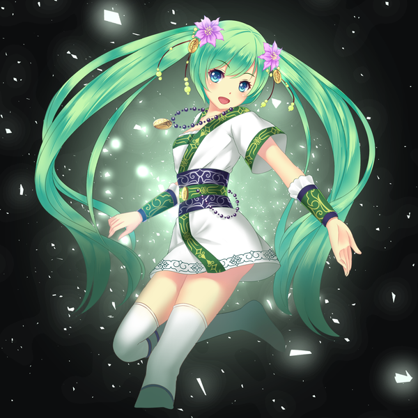 Anime picture 1200x1200 with vocaloid hatsune miku kalentine (lostangelvn) single long hair blush open mouth blue eyes smile twintails bent knee (knees) green hair black background girl thighhighs hair ornament white thighhighs belt pendant jewelry