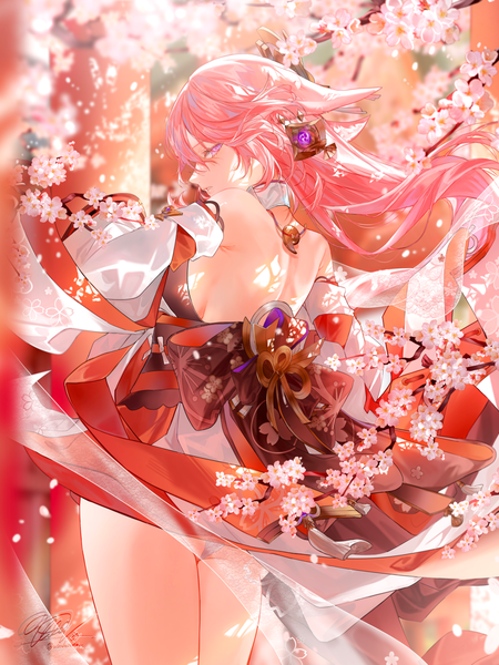 Anime picture 2500x3333 with genshin impact yae miko utsuhostoria single long hair tall image highres light erotic standing purple eyes signed pink hair outdoors profile looking back from behind cherry blossoms girl flower (flowers) detached sleeves