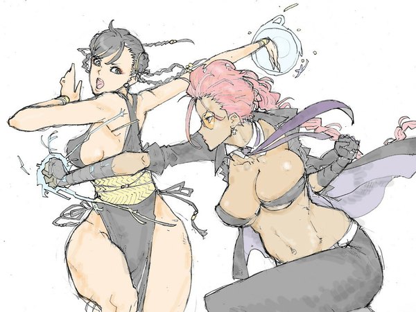 Anime picture 1024x768 with street fighter capcom chun-li crimson viper tagme (artist) short hair breasts light erotic brown hair large breasts multiple girls brown eyes cleavage silver hair red hair braid (braids) armpit (armpits) midriff grey eyes hair bun (hair buns)