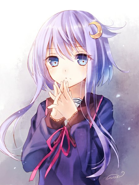 Anime picture 600x800 with kantai collection yayoi destroyer nunucco single long hair tall image fringe short hair blue eyes simple background signed looking away purple hair upper body gradient background interlocked fingers asymmetrical hair girl uniform hair ornament