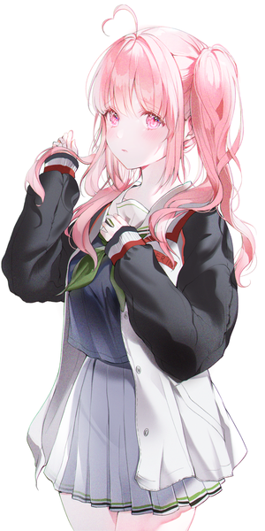 Anime picture 800x1598 with original 2sham single long hair tall image looking at viewer blush fringe simple background standing white background twintails payot pink hair ahoge long sleeves pleated skirt pink eyes fingernails open jacket