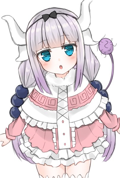 Anime-Bild 1378x2039 mit kobayashi-san chi no maidragon kyoto animation kanna kamui hashiko no woto single long hair tall image looking at viewer blush fringe open mouth simple background white background twintails payot silver hair tail blunt bangs head tilt horn (horns)