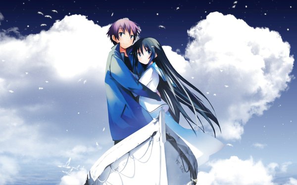 Anime picture 1600x1000 with hanbun no tsuki ga noboru sora akiba rika ezaki yuuichi yamamoto keiji long hair blush short hair black hair smile wide image purple eyes looking away sky purple hair cloud (clouds) wind wallpaper couple girl boy