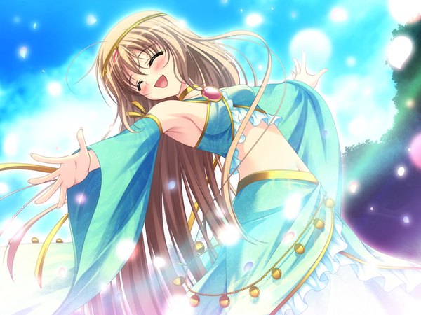 Anime picture 1200x900 with prismrhythm (game) single long hair blush open mouth brown hair game cg eyes closed spread arms dancing girl dress hair ornament detached sleeves