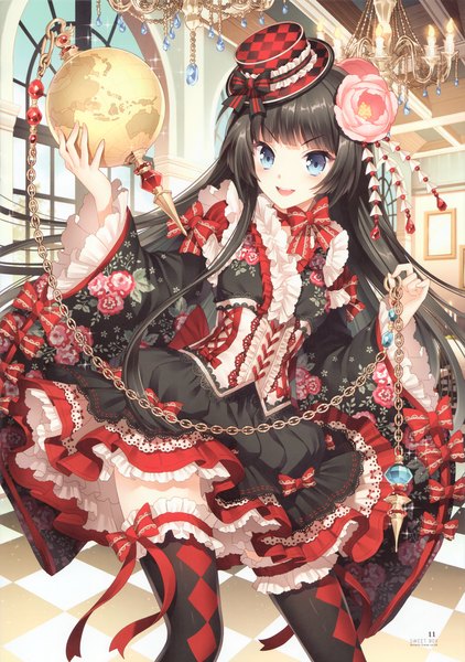 Anime picture 2466x3504 with butterfly dream (artbook) nardack single long hair tall image looking at viewer blush highres open mouth blue eyes black hair indoors hair flower scan checkered floor lolita fashion girl thighhighs dress hair ornament