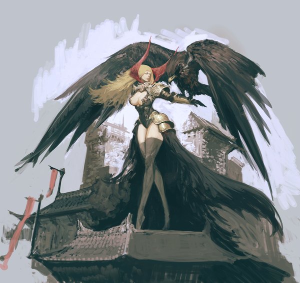 Anime picture 1585x1500 with original ikeda masateru long hair fringe breasts light erotic blonde hair large breasts standing sitting yellow eyes looking away high heels girl thighhighs black thighhighs animal wings bird (birds) building (buildings)