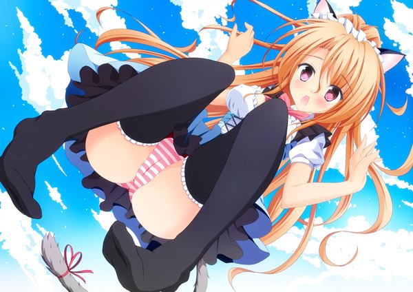 イラスト 1920x1357 と オリジナル あじゃー 長髪 赤面 highres 開いた口 light erotic 金髪 獣耳 cloud (clouds) ピンク目 猫耳 maid cat tail 女の子 ストッキング 下着 パンティー 黒ストッキング 被り物