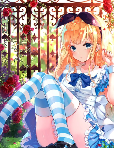 Anime picture 1158x1500 with alice in wonderland alice (wonderland) recotasan single long hair tall image looking at viewer blush fringe blue eyes light erotic blonde hair sitting payot outdoors sunlight tears knees together feet apart convenient leg girl