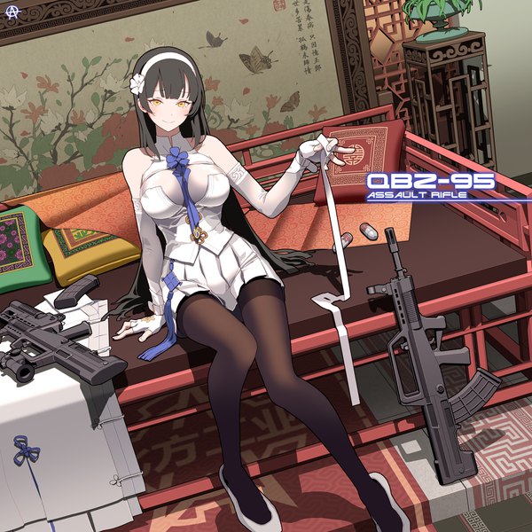 Anime picture 1080x1080 with girls frontline type 95 (girls frontline) circle a single long hair looking at viewer blush fringe breasts black hair smile large breasts sitting bare shoulders holding yellow eyes full body bent knee (knees) indoors blunt bangs