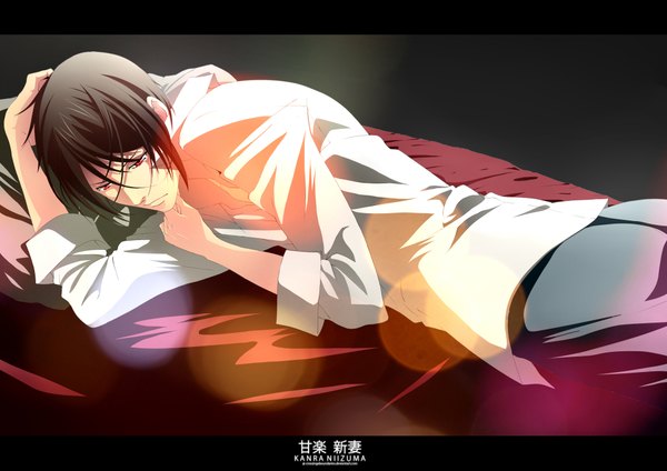 Anime picture 4092x2893 with kuroshitsuji a-1 pictures sebastian michaelis single highres short hair black hair red eyes looking away absurdres lying inscription butler boy bed