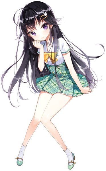 Anime picture 800x1288 with original salt (salty) single long hair tall image looking at viewer black hair simple background white background purple eyes girl dress hair ornament socks hairclip white socks