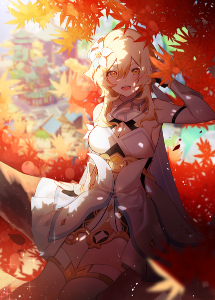 Anime picture 1725x2400 with genshin impact lumine (genshin impact) shotgunman single long hair tall image looking at viewer blush fringe highres breasts open mouth blonde hair smile hair between eyes large breasts sitting bare shoulders yellow eyes cleavage
