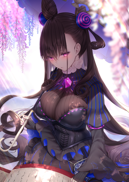 Anime picture 2508x3541 with fate (series) fate/grand order murasaki shikibu (fate) navy (navy.blue) single tall image looking at viewer blush fringe highres breasts light erotic hair between eyes brown hair large breasts sitting holding very long hair nail polish pink eyes