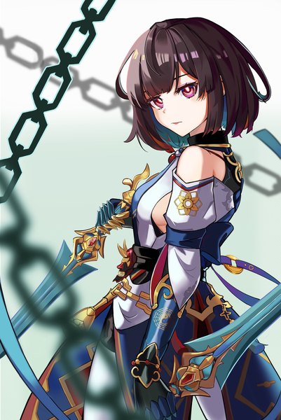 Anime picture 3806x5694 with honkai: star rail honkai (series) xueyi (honkai: star rail) shanyouyini single tall image looking at viewer fringe highres short hair breasts simple background brown hair bare shoulders holding absurdres blunt bangs pink eyes gradient background sideboob
