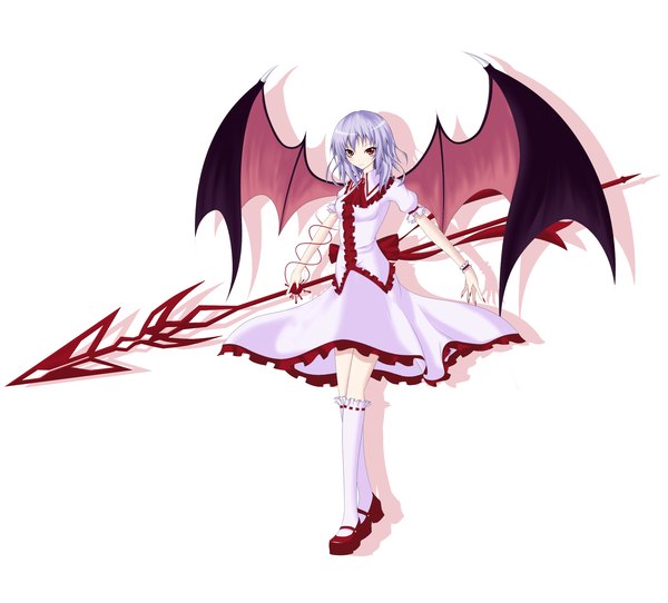 Anime picture 2150x1944 with touhou remilia scarlet gmot single highres short hair simple background red eyes white background purple hair nail polish girl thighhighs dress white thighhighs wings spear spear the gungnir