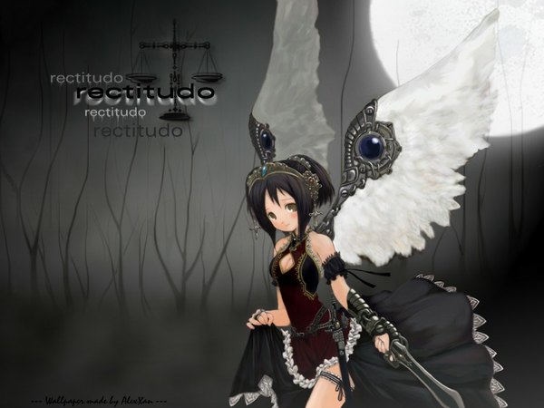 Anime picture 1024x768 with mikazukimo single short hair black hair brown eyes signed third-party edit white wings girl dress weapon sword wings moon full moon weighing scale