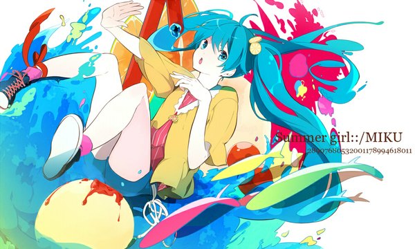 Anime picture 1000x600 with vocaloid hatsune miku amu361 single long hair looking at viewer open mouth blue eyes wide image twintails blue hair legs multicolored girl shoes shorts