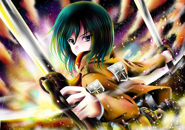 Anime picture 3541x2508 with shingeki no kyojin production i.g mikasa ackerman aka kitsune single looking at viewer highres short hair black hair holding absurdres sky cloud (clouds) looking back black eyes sunlight open clothes open jacket back dual wielding