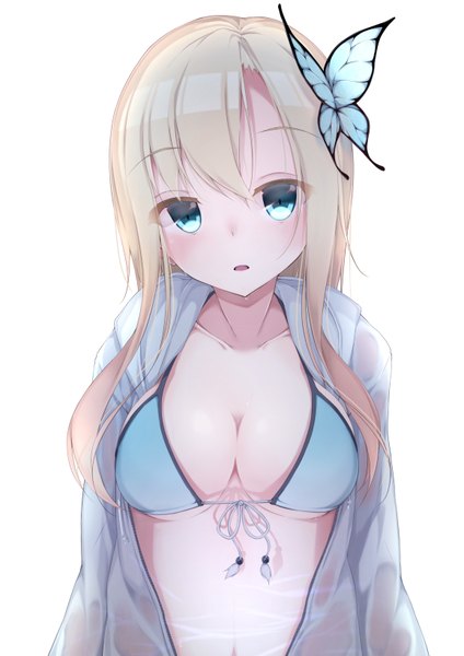 Anime picture 1157x1637 with boku wa tomodachi ga sukunai kashiwazaki sena waterdog single long hair tall image blush breasts light erotic blonde hair simple background white background parted lips aqua eyes wet wet clothes girl hair ornament lingerie bra