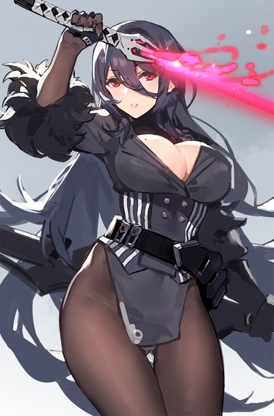 Anime-Bild 580x880 mit original kishiyo single tall image looking at viewer fringe breasts light erotic black hair simple background hair between eyes red eyes large breasts standing holding cleavage very long hair parted lips grey background mole