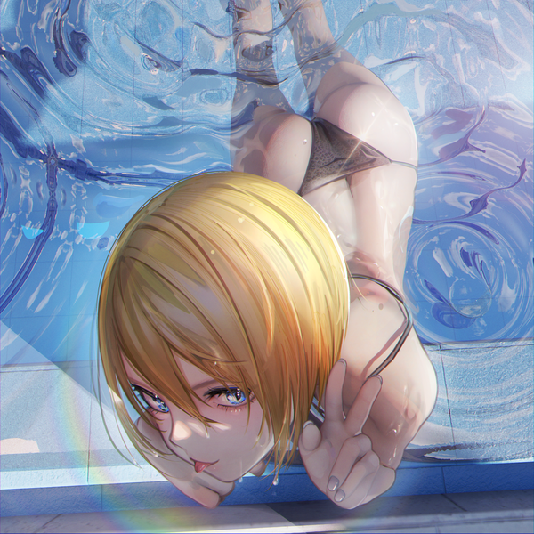 Anime picture 4175x4175 with original nanaken nana single looking at viewer fringe highres short hair blue eyes light erotic blonde hair hair between eyes absurdres ass nail polish fingernails wet partially submerged victory :p anaglyph