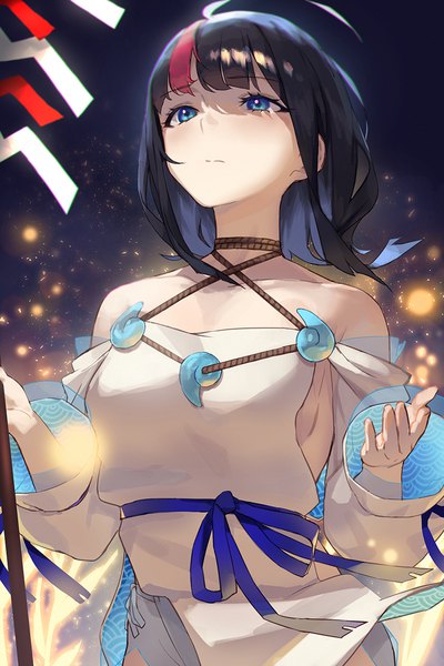 Anime picture 800x1200 with fate (series) fate/grand order fate/requiem utsumi erise seon (seonon ) single tall image short hair blue eyes black hair upper body ahoge multicolored hair wind streaked hair looking up shaded face seigaiha girl magatama